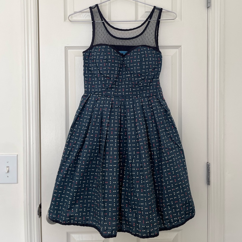 ModCloth Minuet Blue colorful Polka dot Mesh Neck Dress 50’s vintage style
